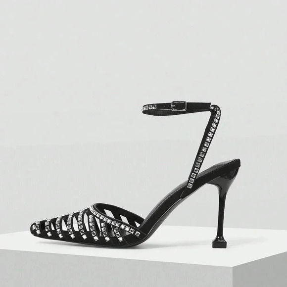 Black Glamorous Women's Rhinestone Buckle High Heel Shoes - Picture 1 of 6